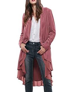 R.Vivimos Herbst Winter Damen Samt Rüschen Freizeitjacke Vintage Lang Mantel Langarm Kragenlos Schwalbenschwanz Blazer(Large,Rosa) von R.Vivimos