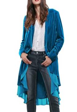 R.Vivimos Herbst Winter Damen Samt Rüschen Freizeitjacke Vintage Lang Mantel Langarm Kragenlos Schwalbenschwanz Blazer(M,SeeBlau) von R.Vivimos