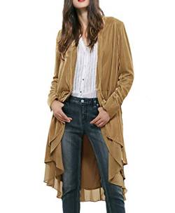 R.Vivimos Herbst Winter Damen Samt Rüschen Freizeitjacke Vintage Lang Mantel Langarm Kragenlos Schwalbenschwanz Blazer(Medium,Khaki) von R.Vivimos