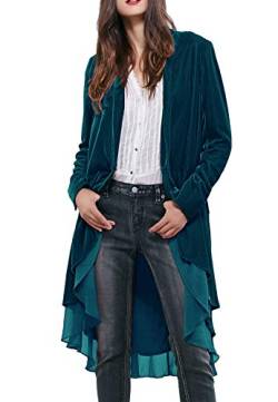 R.Vivimos Herbst Winter Damen Samt Rüschen Freizeitjacke Vintage Lang Mantel Langarm Kragenlos Schwalbenschwanz Blazer(Medium,Seeblau) von R.Vivimos