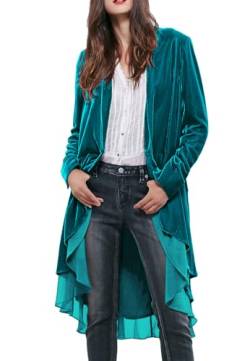 R.Vivimos Herbst Winter Damen Samt Rüschen Freizeitjacke Vintage Lang Mantel Langarm Kragenlos Schwalbenschwanz Blazer(S,SeeBlau) von R.Vivimos