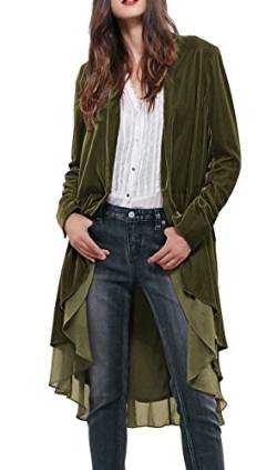 R.Vivimos Herbst Winter Damen Samt Rüschen Freizeitjacke Vintage Lang Mantel Langarm Kragenlos Schwalbenschwanz Blazer(Small,ArmeeGrün) von R.Vivimos