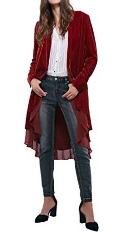 R.Vivimos Herbst Winter Damen Samt Rüschen Freizeitjacke Vintage Lang Mantel Langarm Kragenlos Schwalbenschwanz Blazer(Small,Weinrot) von R.Vivimos