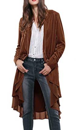 R.Vivimos Herbst Winter Damen Samt Rüschen Freizeitjacke Vintage Lang Mantel Langarm Kragenlos Schwalbenschwanz Blazer(XLarge,Braun) von R.Vivimos