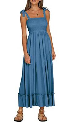 R.Vivimos Neue Sommermode Boho Rüschen Spaghettiträger Ärmelloses Strandkleid mit Tupfenmuster (Blau, S) von R.Vivimos