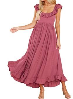 R.Vivimos Sommer Damen Sexy Boho Rückenfreies Strand Langes Kleid Quadratischem Ausschnitt Cut Out Rüschen Hawaii Midikleid (Small,Dunkelpink) von R.Vivimos