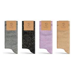 RAFRAY Socken - Glitzer Socken Damen - Geschenkbox - Crew-Länge Socks - Premium Baumwolle - 4 Paar - Größe 36-40 - Schwarz, Beige, Lila, Grau von RAFRAY