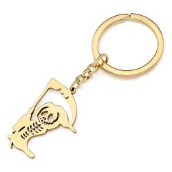 RAIDIN Edelstahl 18K Gold Silber Plattiert Schlüsselanhänger Halloween Horror Grabstein Fledermaus Geist Schlüsselring für Männer Damen Geschenke Auto Handtasche Schlüssel Charms (Gold-017 Sensenmann) von RAIDIN