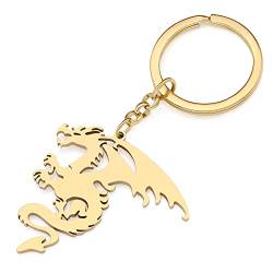 RAIDIN Edelstahl Gold Plattiert Schlüsselanhänger Dinosaurier Drache Schlüsselring für Damen Mädchen Geschenke Auto Geldbeutel Schlüssel Zubehör (Gold-132 Drache) von RAIDIN
