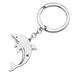 RAIDIN Edelstahl Gold Silber Plattiert Süße Ozean Tier Schlüsselanhänger Hai Wal Delphin Schlüsselring für Damen Mädchen Autoschlüssel Charms (Silber-030 Delphin) von RAIDIN