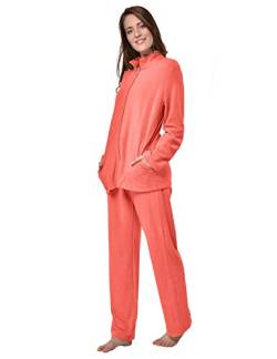 RAIKOU Damen Hausanzug Elegant Volltonfarbe Micro-Fleece Schlafanzug Freizeitanzug Hausanzug mit Reißverschluss (36/38,Koralle) von RAIKOU