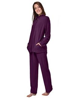 RAIKOU Damen Hausanzug Elegant Volltonfarbe Micro-Fleece Schlafanzug Freizeitanzug Hausanzug mit Reißverschluss (40/42,Granat) von RAIKOU