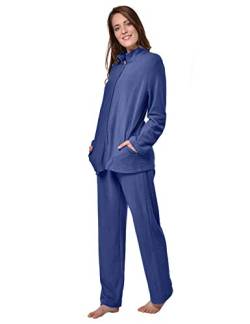 RAIKOU Damen Hausanzug Elegant Volltonfarbe Micro-Fleece Schlafanzug Freizeitanzug Hausanzug mit Reißverschluss (40/42,Navy) von RAIKOU