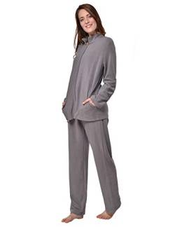 RAIKOU Damen Hausanzug Elegant Volltonfarbe Micro-Fleece Schlafanzug Freizeitanzug Hausanzug mit Reißverschluss (44/46,Grau) von RAIKOU