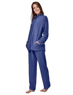 RAIKOU Damen Hausanzug Elegant Volltonfarbe Micro-Fleece Schlafanzug Freizeitanzug Hausanzug mit Reißverschluss (44/46,Navy) von RAIKOU