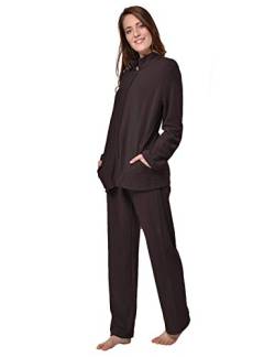RAIKOU Damen Hausanzug Elegant Volltonfarbe Micro-Fleece Schlafanzug Freizeitanzug Hausanzug mit Reißverschluss (48/50,Coffee) von RAIKOU