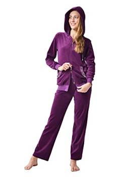 RAIKOU Damen Micro Velours Freizeitanzug Hausanzug mit Reißverschluss Nicki-Anzug Zweiteiliger Schlafanzug mit Strasssteinen (40/42, Lila Rot) von RAIKOU