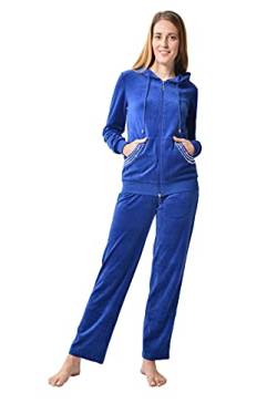 RAIKOU Damen Micro Velours Freizeitanzug Hausanzug mit Reißverschluss Nicki-Anzug Zweiteiliger Schlafanzug mit Strasssteinen (44/46, Royal Blau) von RAIKOU