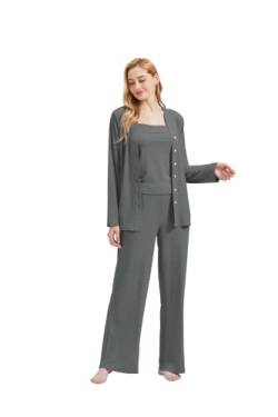 RAIKOU Damen Schlafanzug Set - Mit V-Ausschnitt-Knopfleiste, Trägertop und Hose, angenehm zu tragen (Grau,S) von RAIKOU
