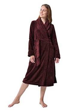 RAIKOU Kuschel weicher Bademantel Hausmantel, Loungewear Saunamantel für Damen, aus luxuriösem Flausch Coral Fleece auch als Morgenmantel perfekt（Weinrot, 44/46） von RAIKOU