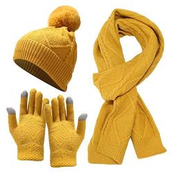 RAILONCH Damen Schal Mütze Handschuhe Set, Warme Winterset Gestrickt Beanie Schnee Hut Strickschal, 3-In-1 Winter-Set (Gelb) von RAILONCH