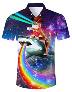 RAISEVERN Hemden Katze Hai Herren Männer Hässliche 3D Lustige Galaxie Druck Freizeithemden Jungen Hawaii Jugendliche Party Bad Taste Geschenk, XXL von RAISEVERN