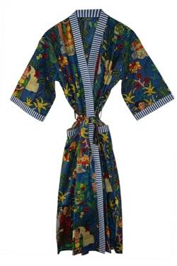 Rajbhoomi Bademäntel für Damen und Herren, 100 % indische Baumwolle, leichter Sommer-Kimono-Bademantel, biologisch angebaut, ethisch hergestellt Gr. XXL, Damen Druck Blau von RAJBHOOMI HANDICRAFTS