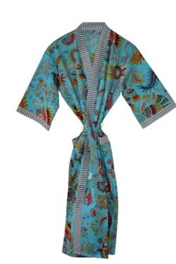 Rajbhoomi Bademäntel für Damen und Herren, 100 % indische Baumwolle, leichter Sommer-Kimono-Bademantel, biologisch angebaut, ethisch hergestellt Gr. XXL, türkis von RAJBHOOMI HANDICRAFTS