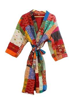 Rajbhoomi Damen-Kimono-Robe, handgefertigt, Seide, Patola, Kantha, Steppdecke, Körperwärmer, Mantel, Patchwork, Mantel, Mehrfarbig/Meereswellen (Ocean Tides), 30 von RAJBHOOMI HANDICRAFTS