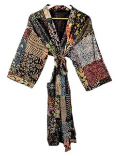 Rajbhoomi Damen Kimono Robe Handmade Seide Patola Kantha Quilt Body Warmer Coat Rob Patchwork Mantel Jacke, Schwarz von RAJBHOOMI HANDICRAFTS