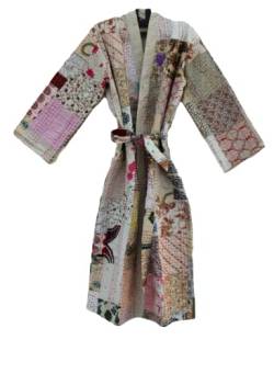 Rajbhoomi Damen Kimono Robe Handmade Seide Patola Kantha Quilt Body Warmer Coat Rob Patchwork Mantel Jacke, Weiss/opulenter Garten von RAJBHOOMI HANDICRAFTS