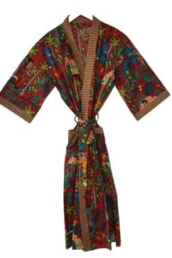 Rajbhoomi Damen Kimono Roben Baumwolle Leichte Robe Kurz Strick Bademantel Nachtwäsche Damen Loungewear (Frida Kahlo Rot), Rot, Einheitsgr��e von RAJBHOOMI HANDICRAFTS