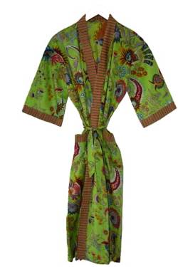 Rajbhoomi Kunsthandwerk Frauen Kimono Roben Baumwolle Leichte Robe Kurz Strick Bademantel Nachtwäsche Damen Loungewear, Mugal Print Grün, Einheitsgr��e von RAJBHOOMI HANDICRAFTS