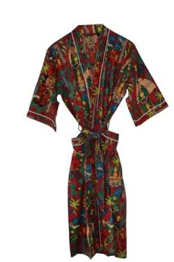 Rajbhoomi Morgenmäntel aus 100% Baumwolle, für Damen und Herren, leichter Sommer-Kimono-Bademäntel, ethisch hergestellt Passend für Größen 38-44 (roter Damendruck) von RAJBHOOMI HANDICRAFTS