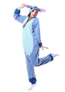 RANSUU Stitch Onesie Kostüm Relaxo Jumpsuit Erwachsene Pyjama Damen Herren Tier Schlafanzug Weihnachten Karneval Halloween Blue L von RANSUU