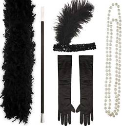 RARA® Black Flapper 5-teiliges Set Damen Charleston 1920er Jahre Kostüm Outfit ~ Federboa, Flapper Stirnband mit Federn, Satin Handschuhe, Zigarettenhalter, Perlenkette von RARA