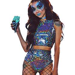 Damen Rave Holographischer Body Mini Zweiteiliger Hologramm Metallic Silber für Tanz Party Clubwear EDM Festival, Ein Silber, Klein von RARITYUS