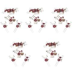 2 Sets Kamm Seite Bräute Blumenperlen Exquisite Blume Blatt Kopfbedeckung Haare Schicker Kopfschmuck Perle Hochzeit Clip Dekor Hanfu – Rot Traditioneller Schmuck Handgemachte Chinesische Anstecknadeln von RAZZUM