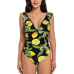 RBAZYFXUJ Badeanzüge für Frauen, Zitrone mit Blumen und Blättern Strand Bademode Bauchkontrolle Badeanzug, siehe abbildung, 52 von RBAZYFXUJ