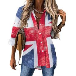 RBAZYFXUJ Damen-Bluse, Vintage-Stil, Union Jack, britische Flagge, langärmelig, Hemd mit Knopfleiste für Arbeit, Party, Vintage Union Jack Britische Flagge, Large von RBAZYFXUJ