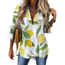 RBAZYFXUJ Damen-Bluse, Zitronengelb mit Blumen und Blättern, langärmelig, Hemd mit Knopfleiste für Arbeit, Party, Zitrone mit Blumen und Blättern, Large von RBAZYFXUJ