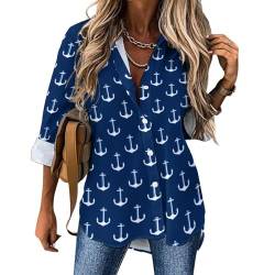 RBAZYFXUJ Damen-Bluse, nautisches Anker-Punkt-Langarmshirt, Button-Down-Shirt für Arbeit, Party, Nautischer Ankerpunkt, XXX-Large von RBAZYFXUJ