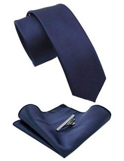 RBOCOTT 6,1 cm einfarbige schmale Krawatten- und Einstecktuch mit Krawattenklammer-Sets für Herren (6 cm), marineblau, One size von RBOCOTT