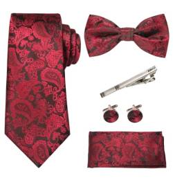 RBOCOTT Bordeaux Rot Paisley Krawatte und Fliege Einstecktuch mit Krawattenklammer und Manschettenknöpfe Sets(8) von RBOCOTT
