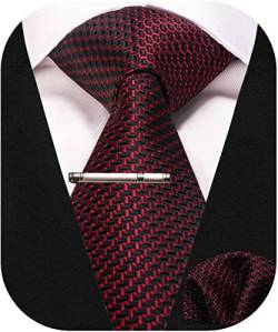 RBOCOTT Herren Burgunder Bordeaux rot Krawatte Seidenkrawatte und Einstecktuch mit Krawattenklammer Sets für Männer(51-4) von RBOCOTT