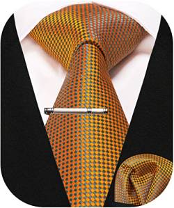 RBOCOTT Herren Gold Krawatte Seidenkrawatte und Einstecktuch mit Krawattenklammer Sets für Männer(51-16) von RBOCOTT
