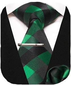 RBOCOTT Herren Grün Kariert Krawatte Hochzeit Seidenkrawatte und Einstecktuch mit Krawattenklammer Sets für Männer(234) von RBOCOTT
