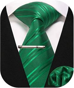 RBOCOTT Herren Grün gestreifte Krawatte Seidenkrawatte und Einstecktuch mit Krawattenklammer Sets für Männer(51-12) von RBOCOTT