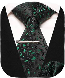 RBOCOTT Herren Krawatte Schwarz Grün Hochzeit Seidenkrawatte und Einstecktuch mit Krawattenklammer Sets für Männer(215) von RBOCOTT