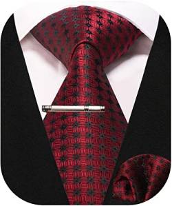 RBOCOTT Herren Schwarz Burgund Krawatte Seidenkrawatte und Einstecktuch mit Krawattenklammer Sets für Männer(51-8) von RBOCOTT